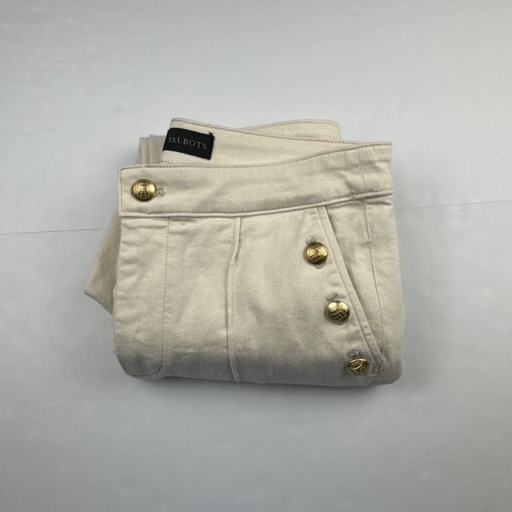 Talbots Womens Flare Jeans 6P Ivory Denim Nautical Sailor Gold Button Coastal - Picture 10 of 10